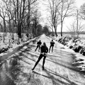 Schaatsers op de route van de Elfstedentocht tussen Sloten en Stavoren, Friesland